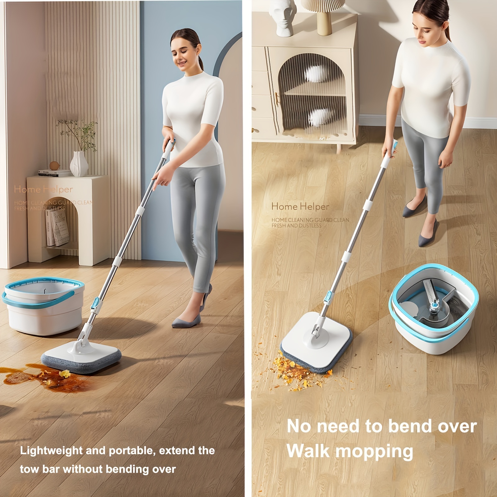 wheat straw mop and bucket set 1 set hands free spin mop with separate   dual use wet and dry mop for living room bedroom bathroom kitchen toilet   cleaning tool with automatic lifting and dehydration details 0