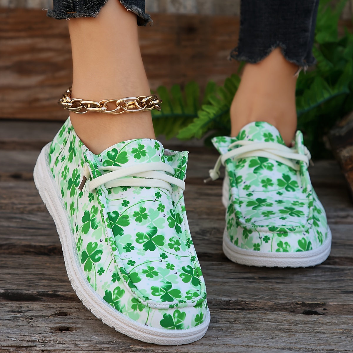 Four Leaf Clover Print Canvas Shoes Women s Casual Lace - Temu Australia