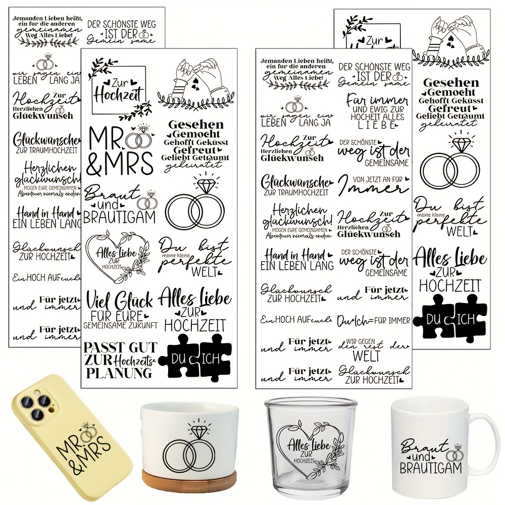 4pcs German Wedding Sayings Themed Uv Transfer Stickers - For Crafts, Mugs, Laptops & Water Bottles, Self-adhesive Plastic Decals, Mug Decoration(without Cup)