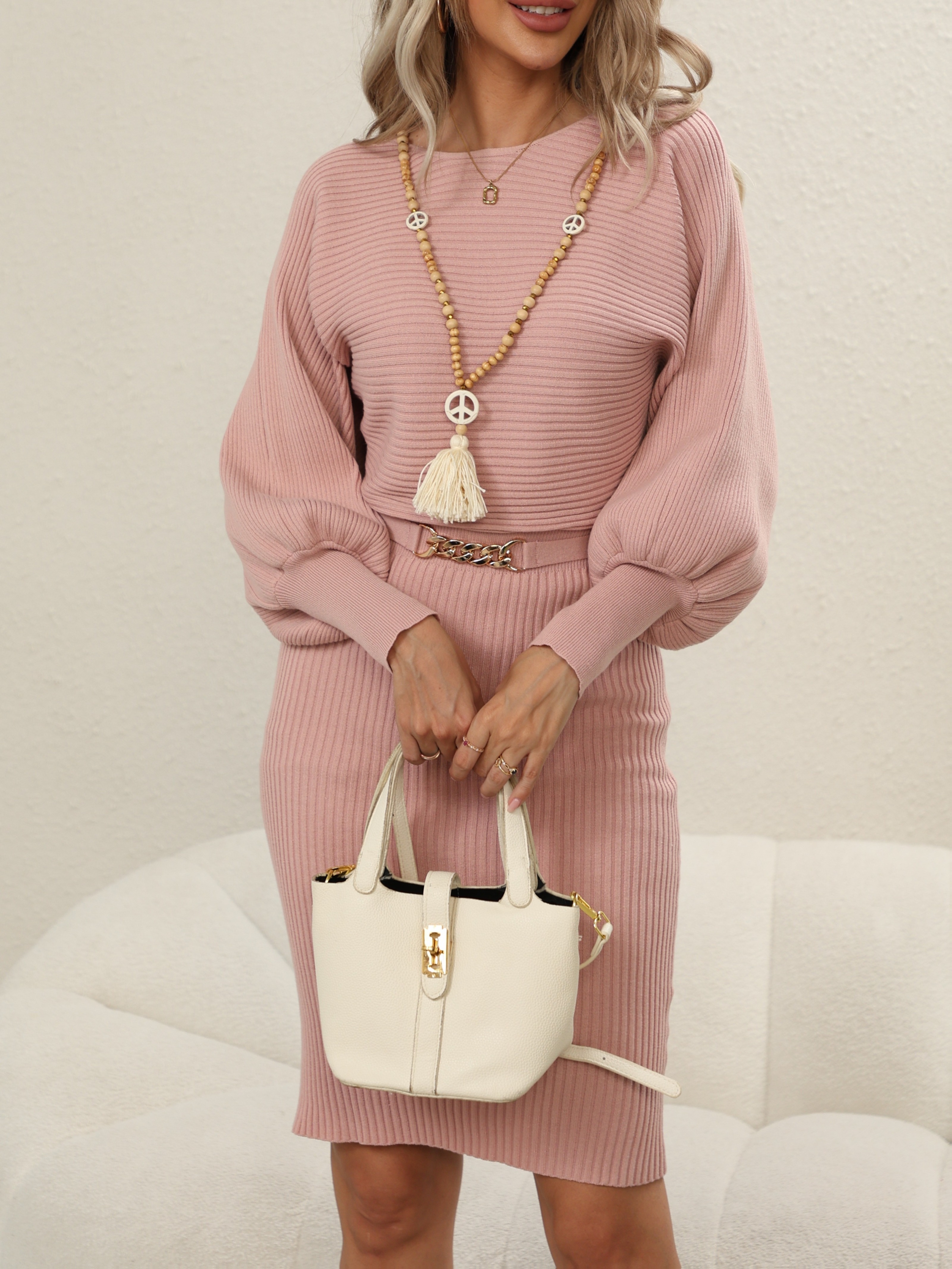 knee length dresses for ladies Jordana Long Sleeve Waist Tie Ribbed Midi Dress Beige main image 0