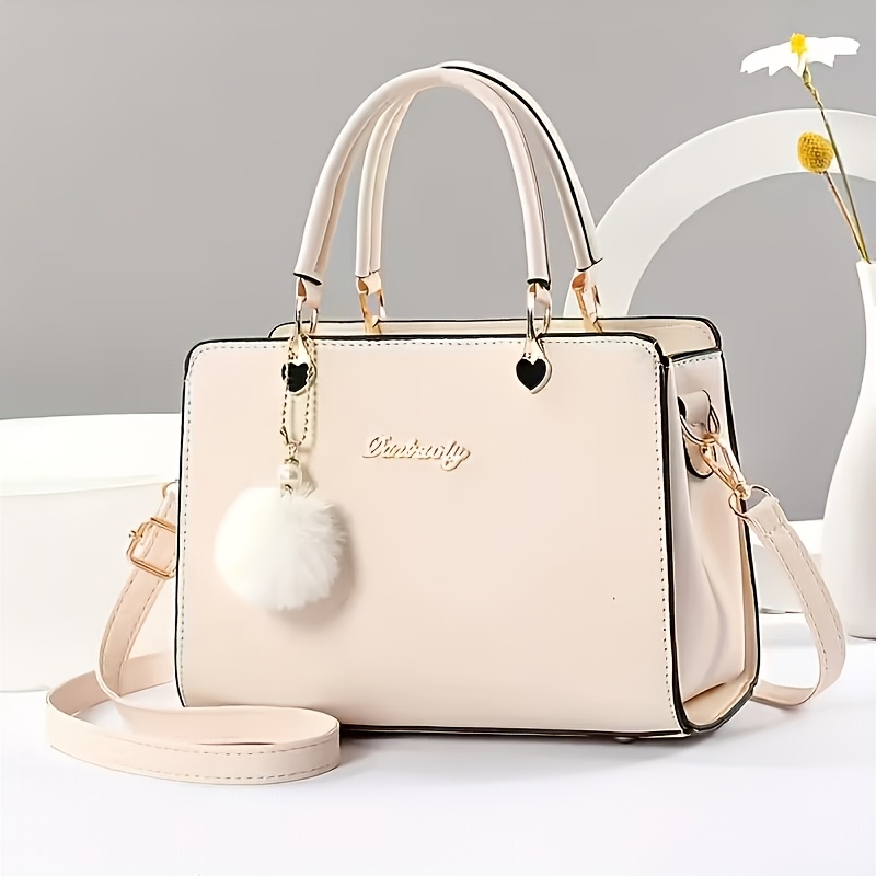 TEMU Un bolso elegante de color sólido con adornos de pompon, ideal para mujeres, con múltiples compartimentos y para citas de oficina