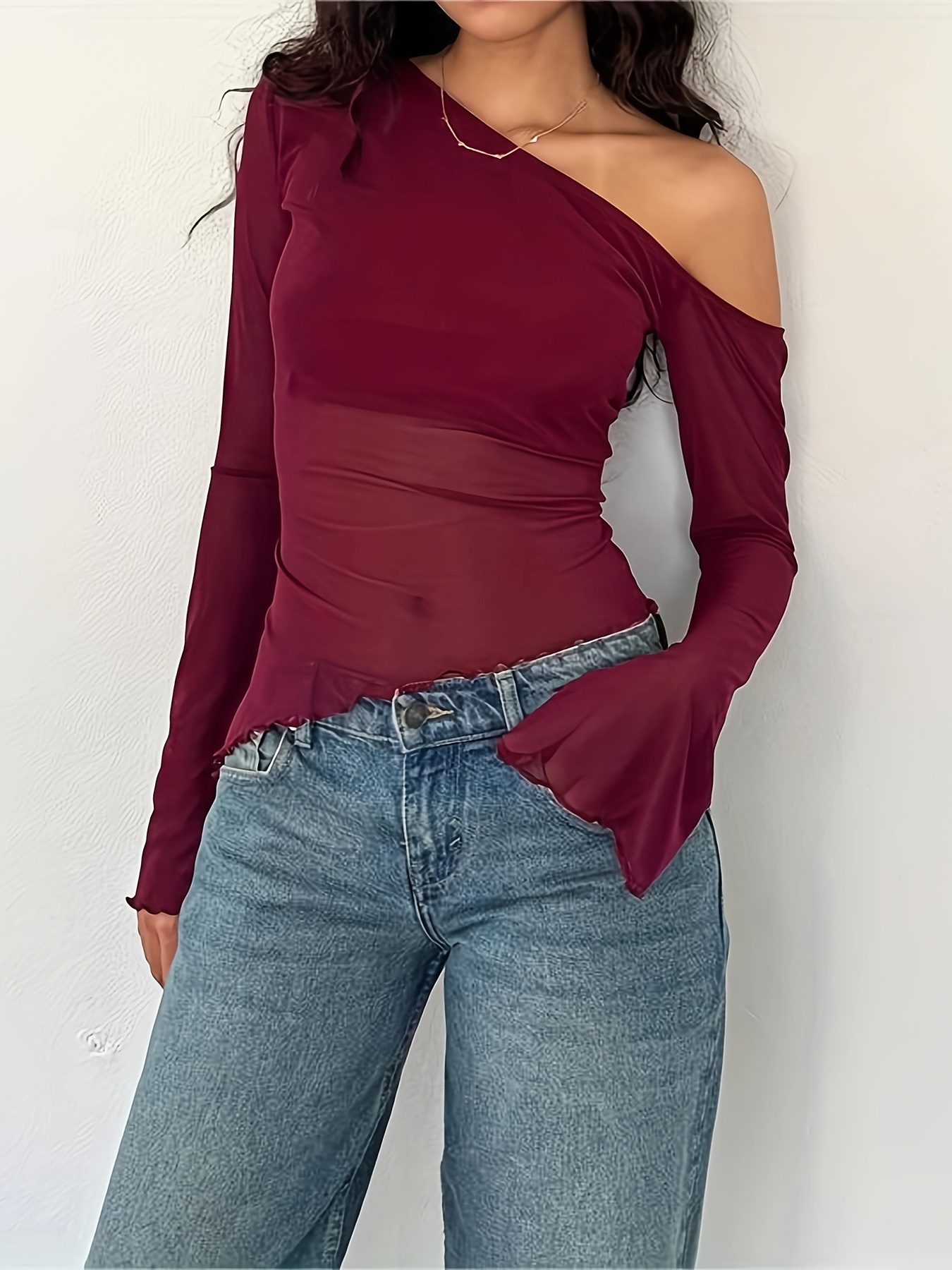 chic off-shoulder layered mesh top with asymmetrical hem - long sleeve women's fashion blouse | Check Out Today's Deals Now | Temu Georgia