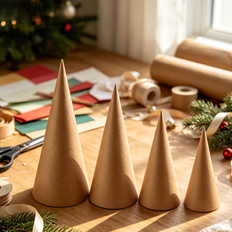 TEMU 4pcs Assorted Thick Conical Decorations, Mini Tabletop Christmas Ornaments, Paper Cone Barrels For Diy Christmas Decor, 4 Sizes Of Paper Cone