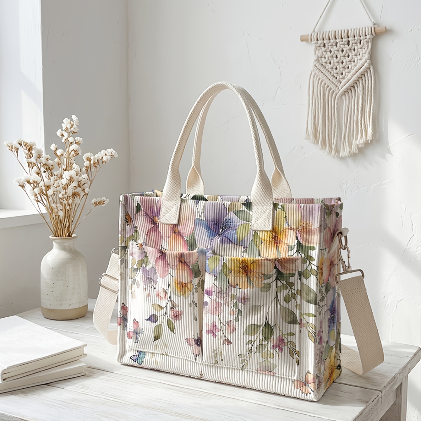 TEMU 1 pièce, Sac bandoulière pour femme, Imprimé papillon floral 2D, Velours côtelé multi-poches, Sac à main/bandoulière à double usage | pour les