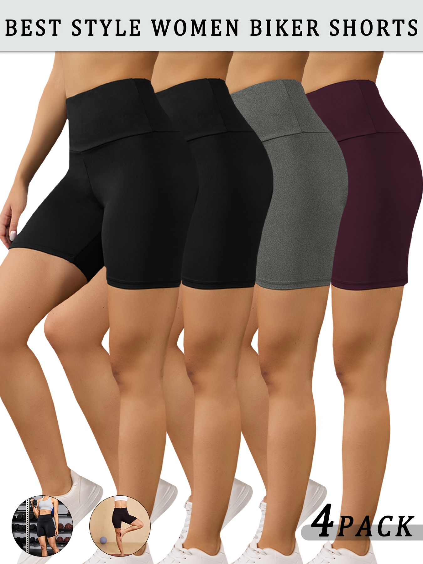 4er-pack hohe taillen-biker-shorts für damen, 92% polyester 8% spandex, einfarbig, sommer-sport-knitstoff, dehnbare no-see-through-workout-yoga-athletic-shorts, activewear