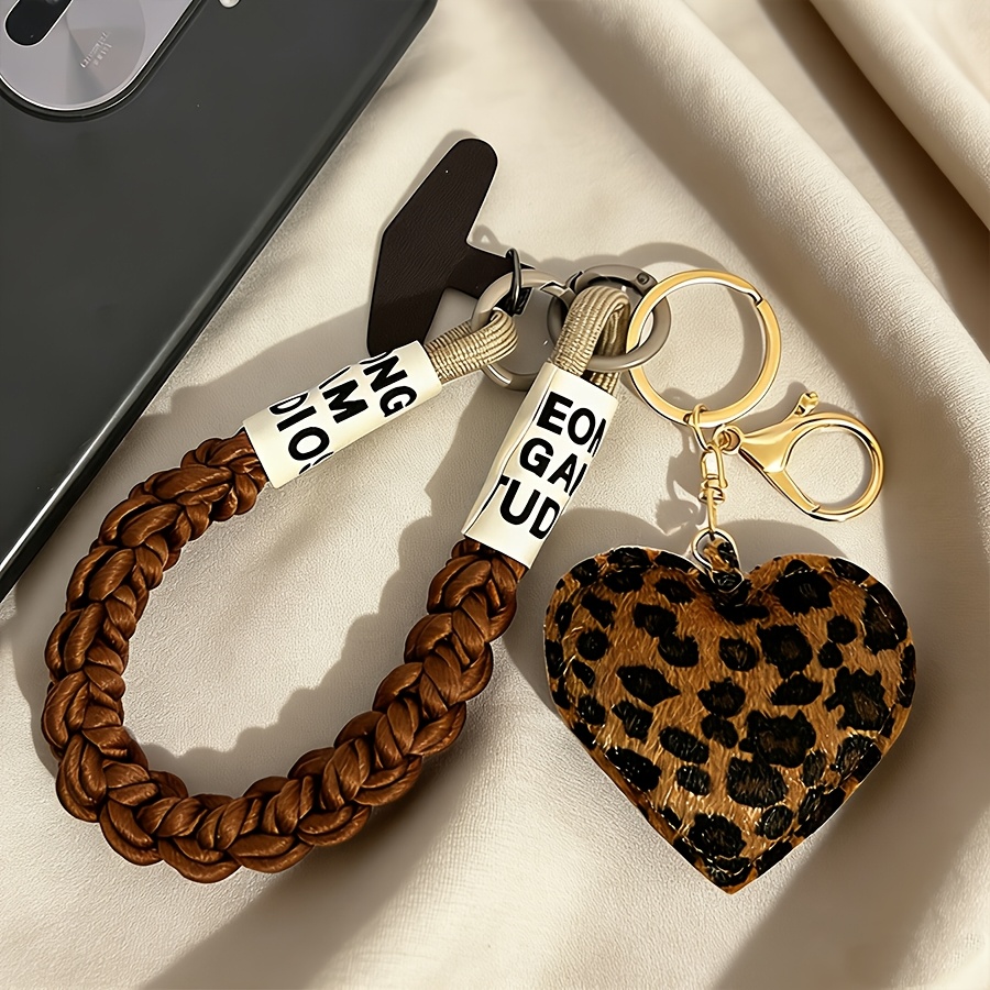 TEMU Custodia per telefono con cordino a forma di cuore in tessuto con stampa leopardata, 1 pezzo | Design con cordino corto intrecciato, adatta alla