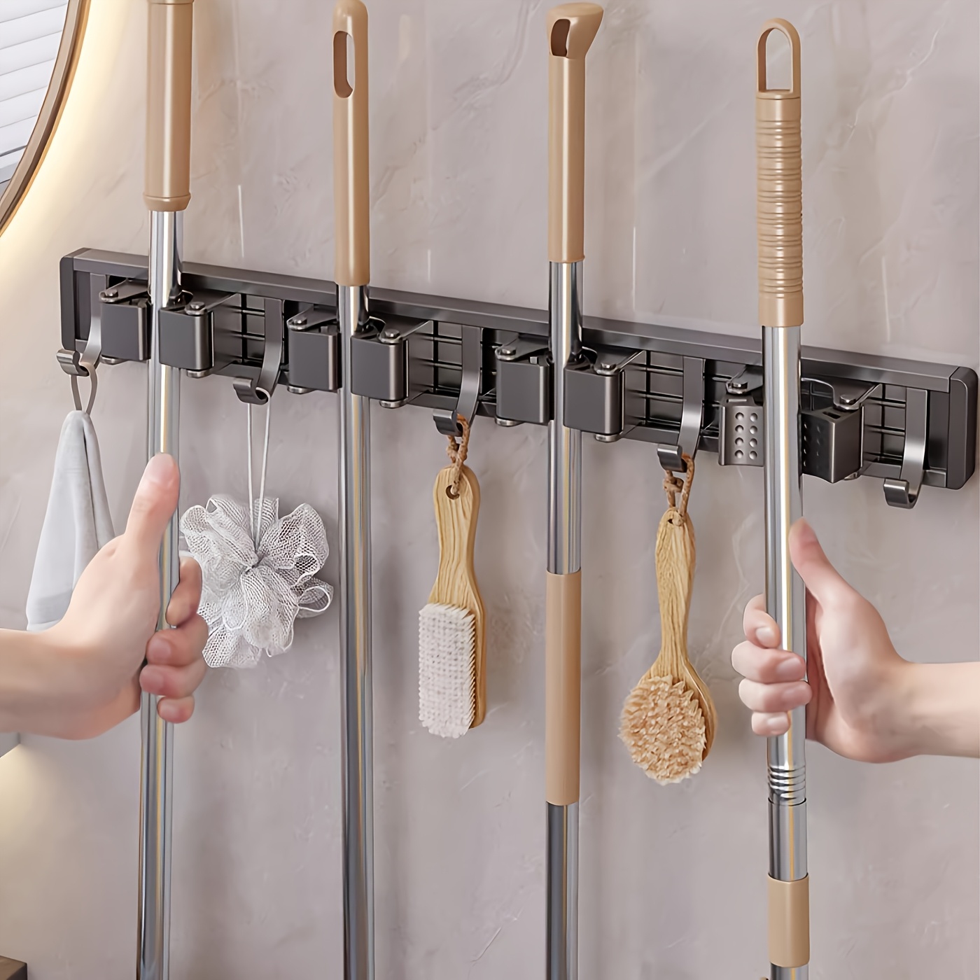 

Heavy-duty Metal Mop And Broom Holder With Adjustable Hooks - Wall-mounted Organizer For Home, Kitchen, Garden, Laundry, Garage - Space-saving Design, Ideal For Tool Storage, Broom Holder Wall Mount