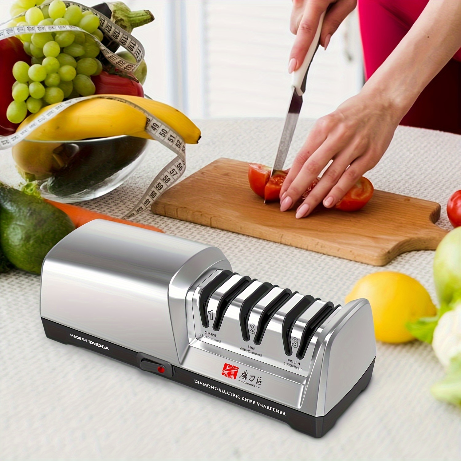 Professional Electric Knife Sharpener: 3-Stage System for Kitchen Knives And Ceramic Knives - Fine Soft Angle Grinding with Diamond Abrasives - 120V, 120# Diamond, 600# Diamond, 1000# Resin Polish - Suitable for Straight Blades - Made by GRINDER 10 Professional Electric Knife Sharpener: 3-Stage System for Kitchen Knives And Ceramic Knives - Fine Soft Angle Grinding with Diamond Abrasives - 120V, 120# Diamond, 600# Diamond, 1000# Resin Polish - Suitable for Straight Blades - Made by GRINDER