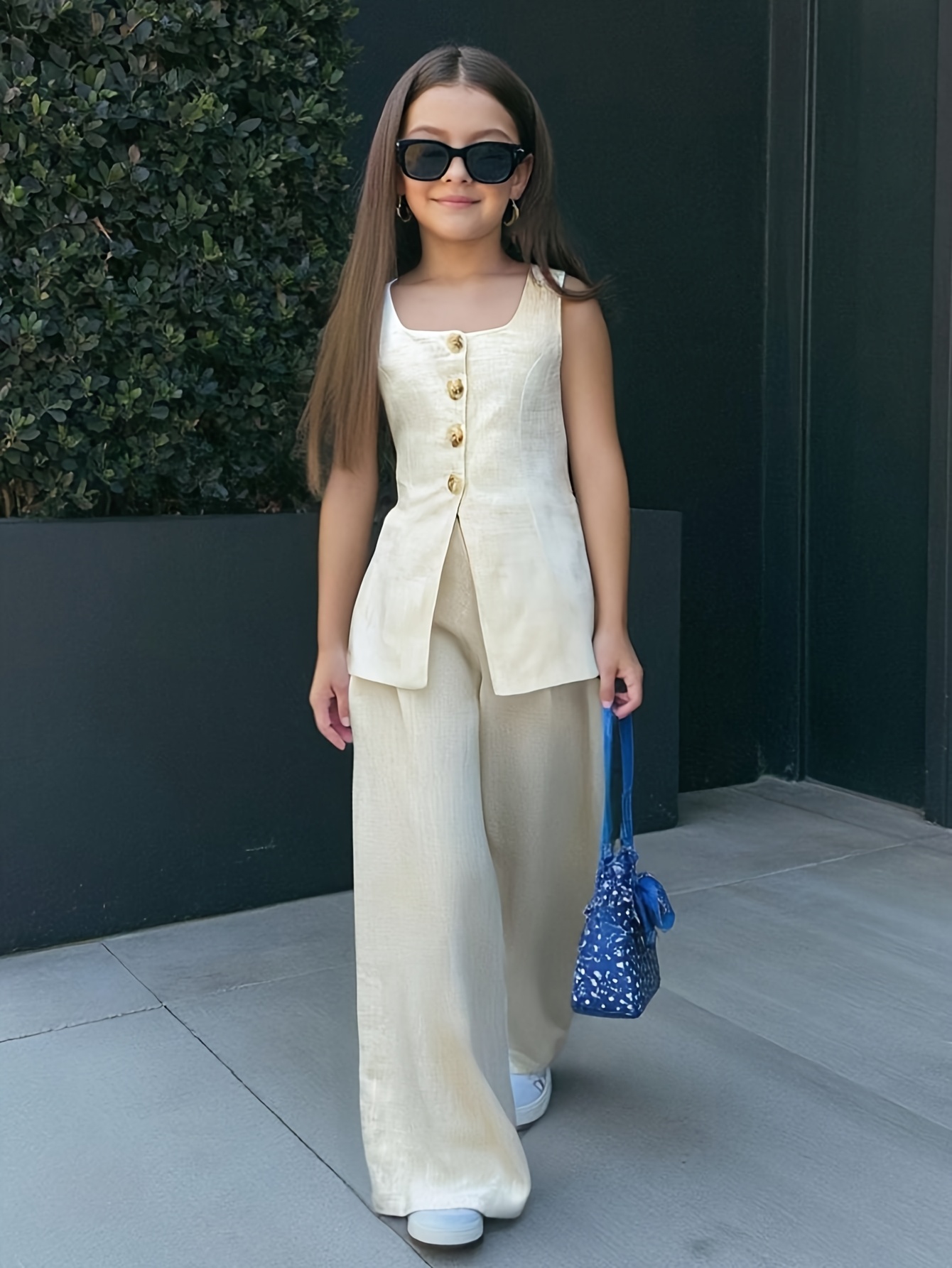 2pcs Elegant Spring/Summer Street Fashion Set for Young Tween Girls  Sleeveless V-Neck Vest Top Straight-Leg Pants, Casual Back to School  Outfit, L