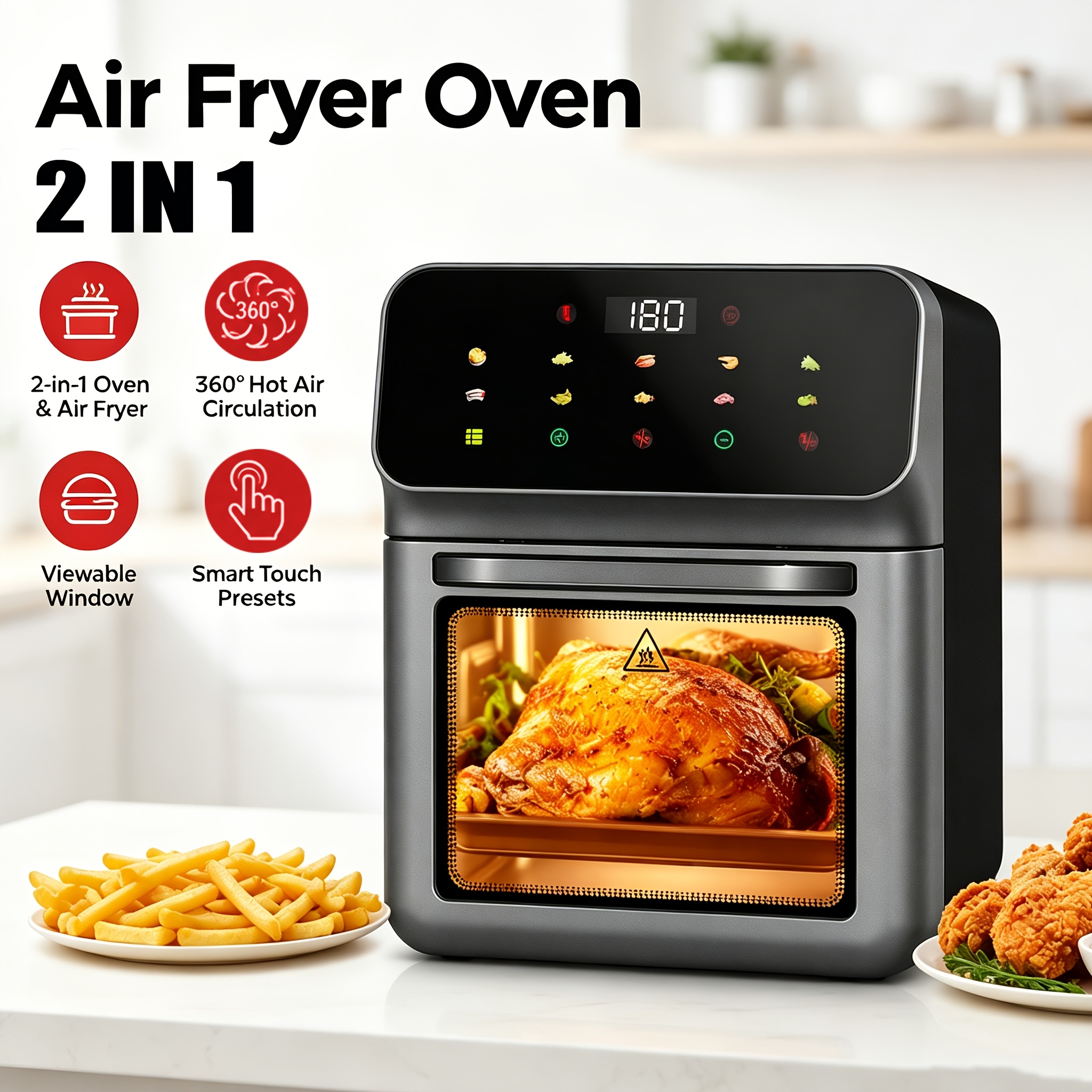 10l Large Capacity Air Fryer Toaster Oven, 2-in-1 Air Fry And Bake Machine, 360° Cooking Smart Program Window Kitchen Appliance For Chicken Fries Steak Baking, 1500w