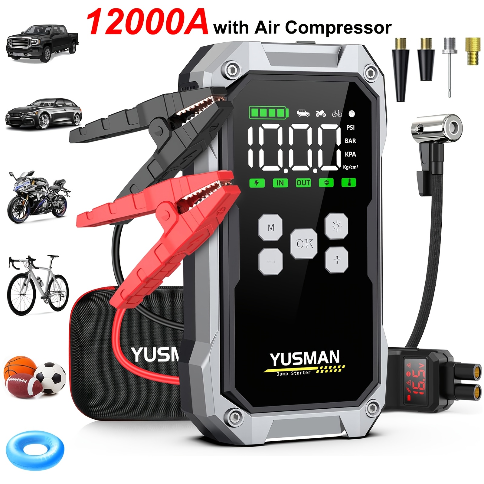 Image of 12v Car Jump Starter 12000a With Tire Inflator, Portable Car Battery Booster For All To 10.0l Engine Start, Lcd Large Screen, Intelligent Clamps, Led Light, Durable Eva Storage Case