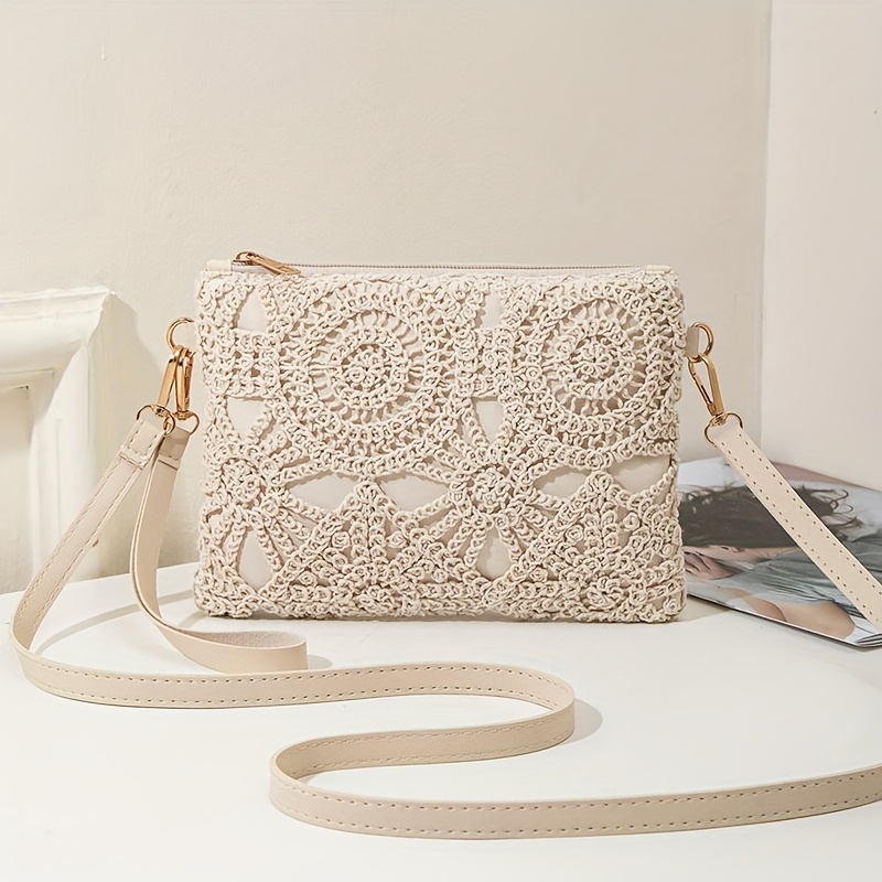 Bohemian Style Diagonal Cross Bag, Hollowed Out Fabric Handbag, Portable Wrist Bag, Mobile Phone Bag