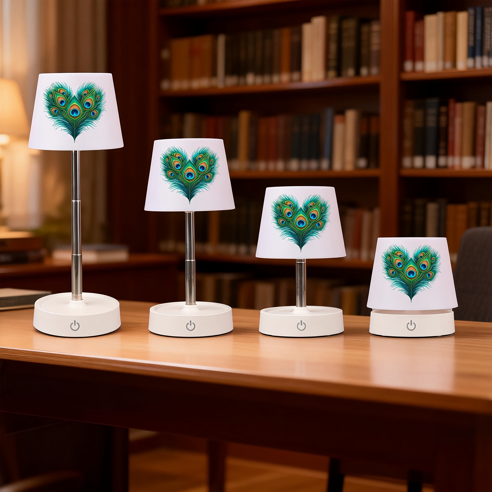 Peacock Feathers Heart Print Desk Lamp, Height Adjustable & Dimmable