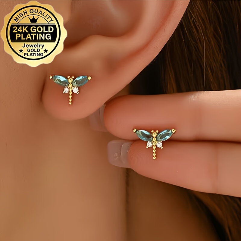 TEMU 1 Par de Aretes de de para Mujer, 316 Acero Inoxidable Chapado en Oro 24K, Incrustados con Zirconia Cúbica Sintética Hipoalergénica, Artesanía