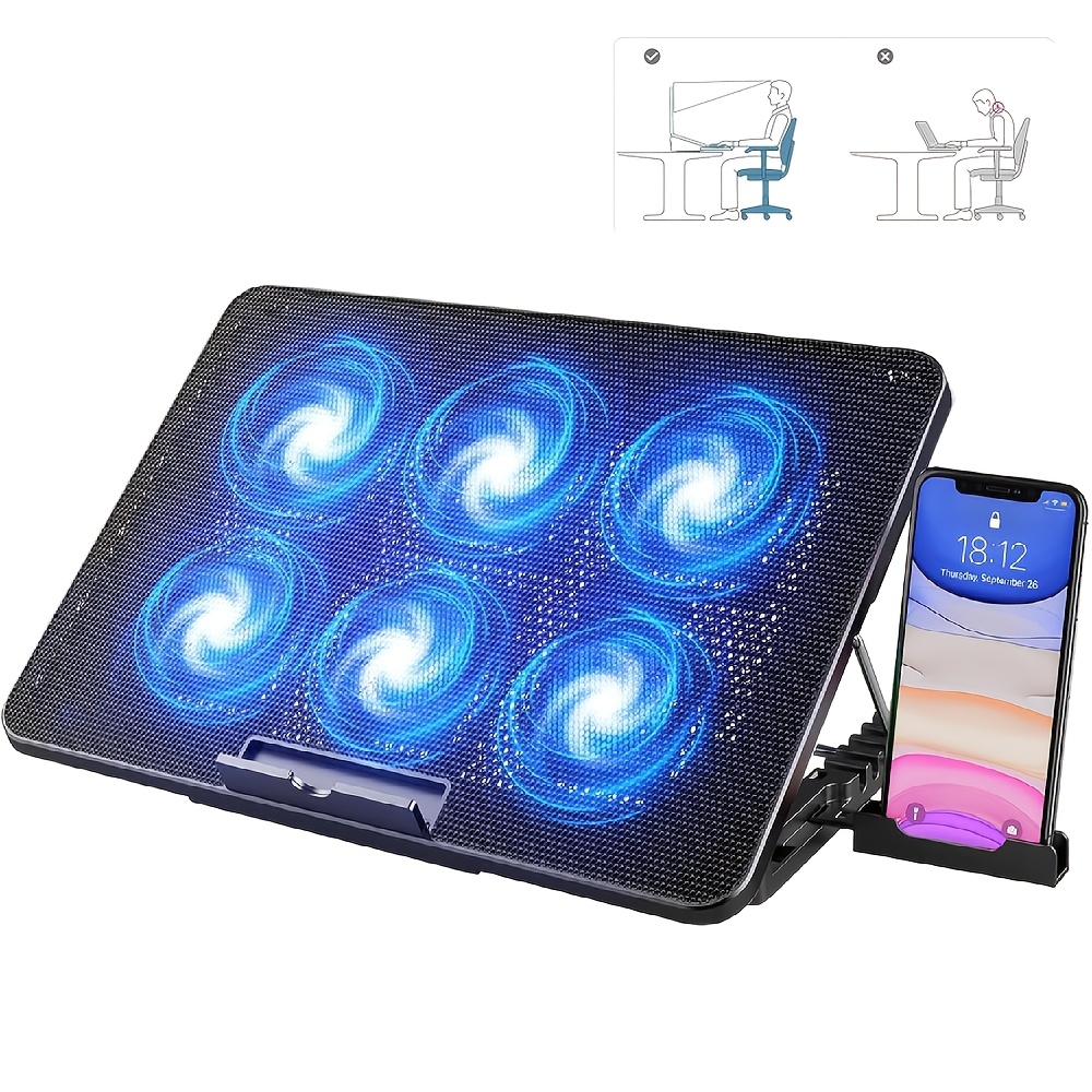 TEMU Laptop Cooling Pad, Laptop Cooler With 6 Quiet Fans For 12-17 Inch Notebook Gaming Fan Stable Stand, 7 Height And Wind Speed Adjustable, 2 Usb