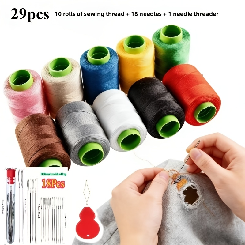 TEMU Lot de 29 pièces (10 rouleaux de fil + 18 aiguilles de tailles différentes + 1 enfile-aiguille) avec mini bobines de fil à coudre en polyester