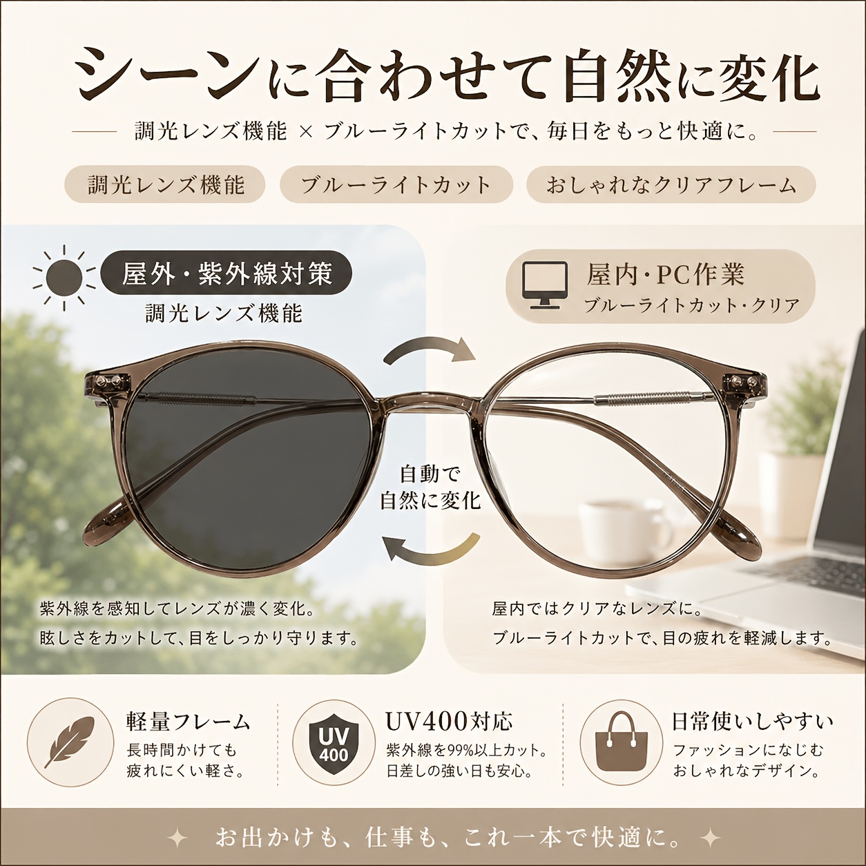 TEMU おしゃれなレディースメガネ ミック日焼け止めレンズ シンプルなオーバルミラー 超軽量素材でな雰囲気を演出 普段使いに最適