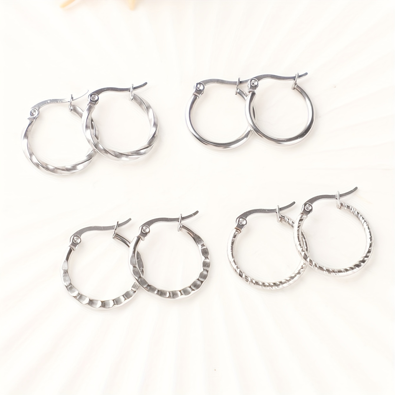 

4 Silvery Steel Round , Texture Hypoallergenic Ear , Ear Jewelry Set For Women To