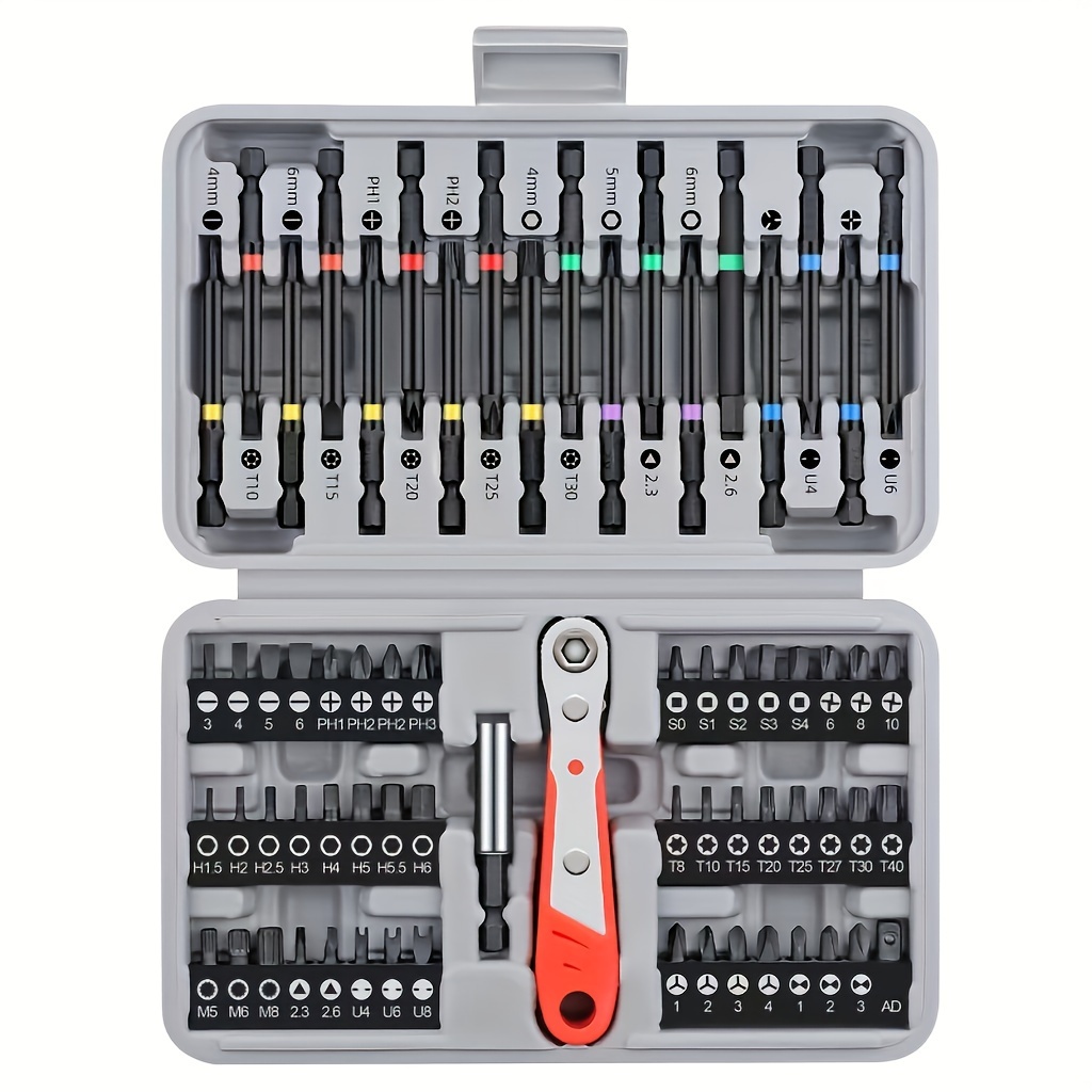 

68pcs/set Screwdriver Bits With A Mini Ratchet Wrench, Suitable For Household Use, Includes Phillips And Hexagonal Screwdriver Heads, 1/4 Inch