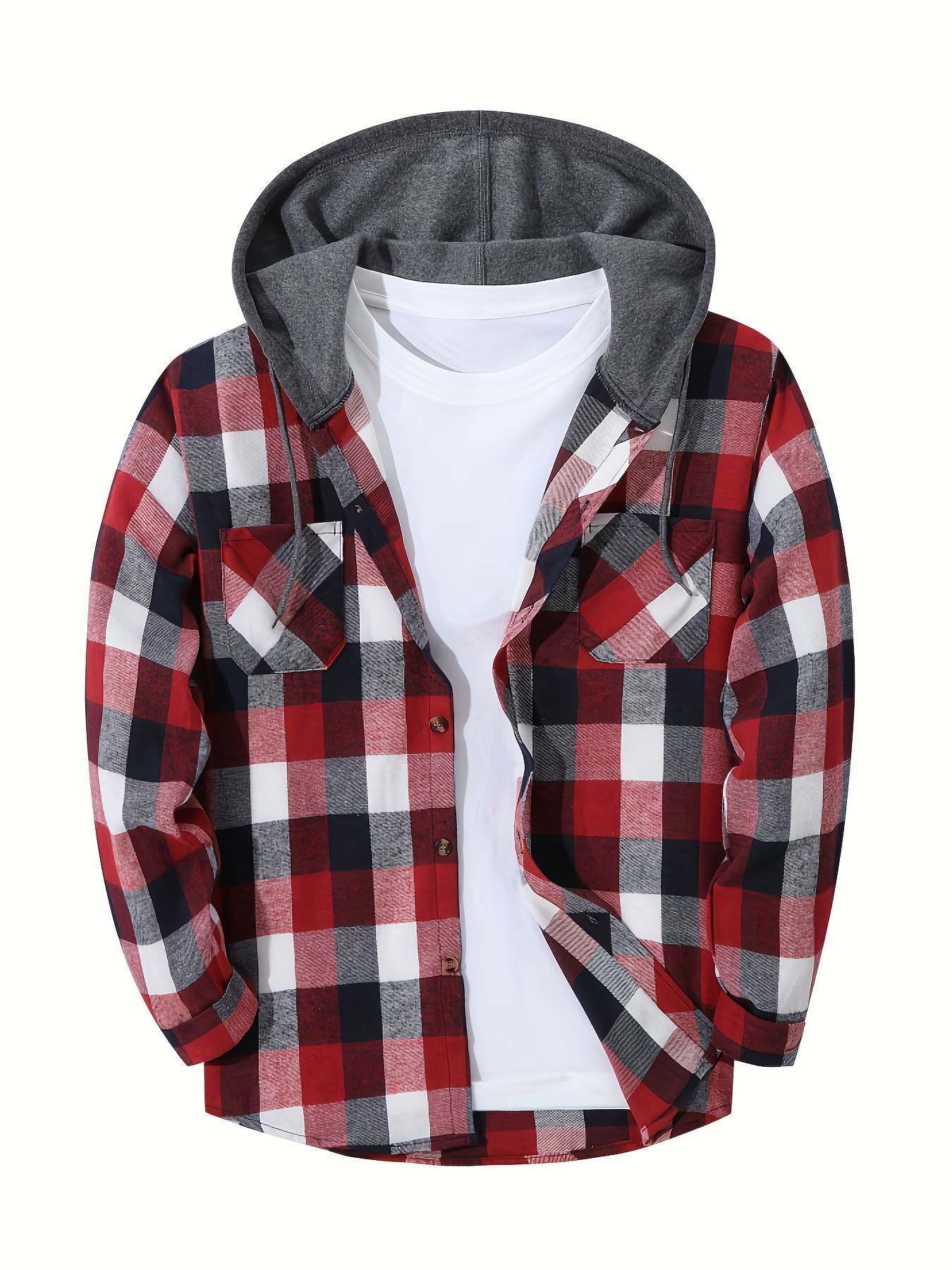 mens   hooded flannel shirt jacket long sleeve casual fashion button shirt