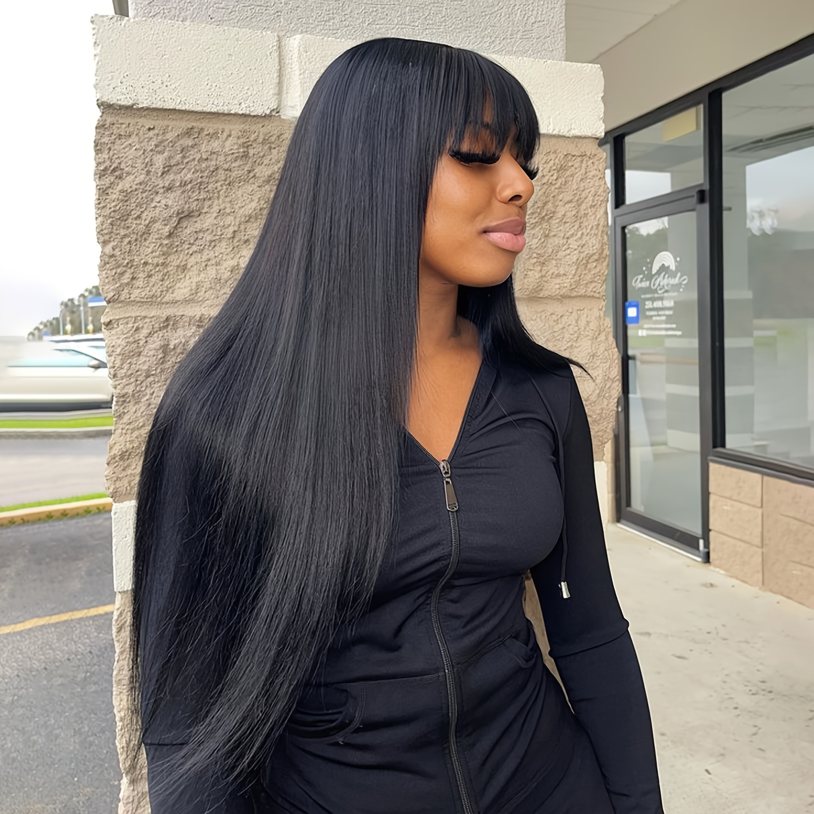 elegant long straight wig bangs women 26 inch natural black Temu