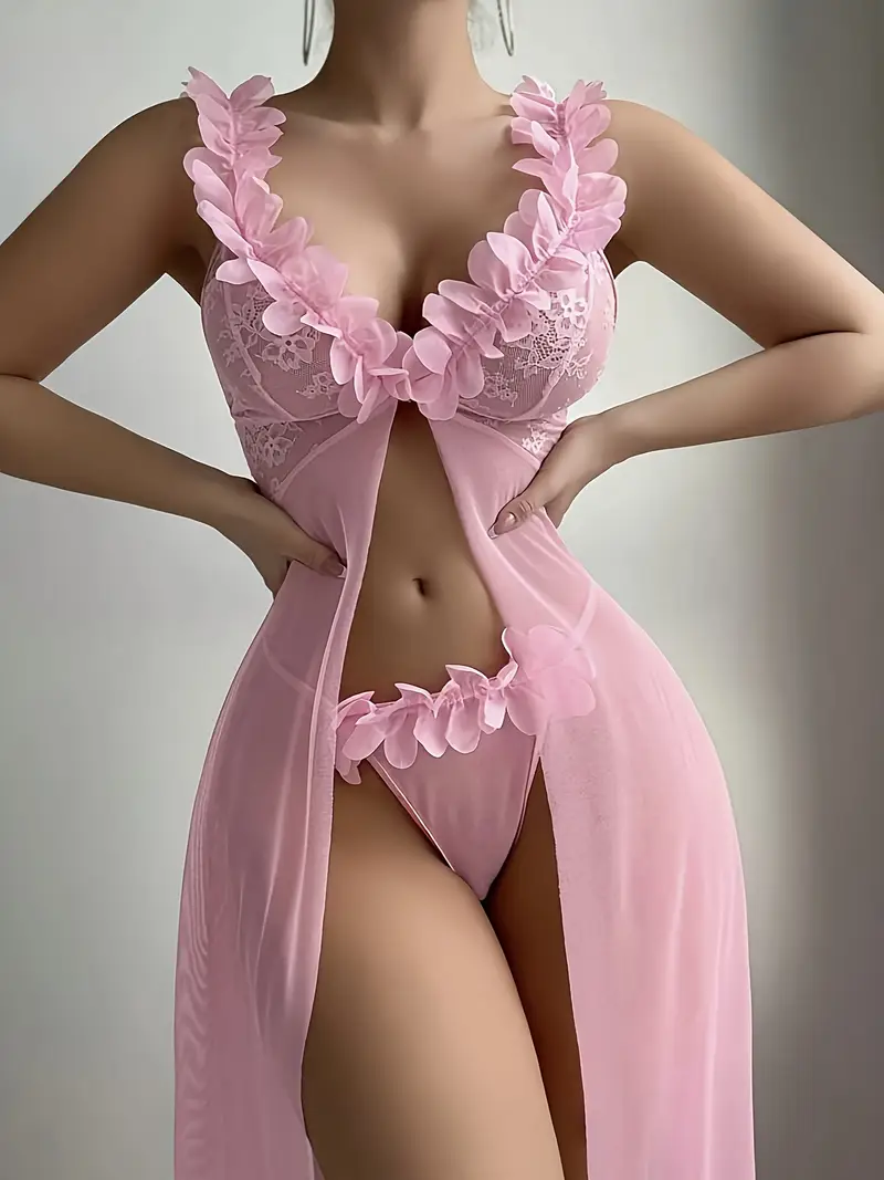 wedding lace splicing mesh three dimensional flower front button long nightgown 2pcs Product details 3