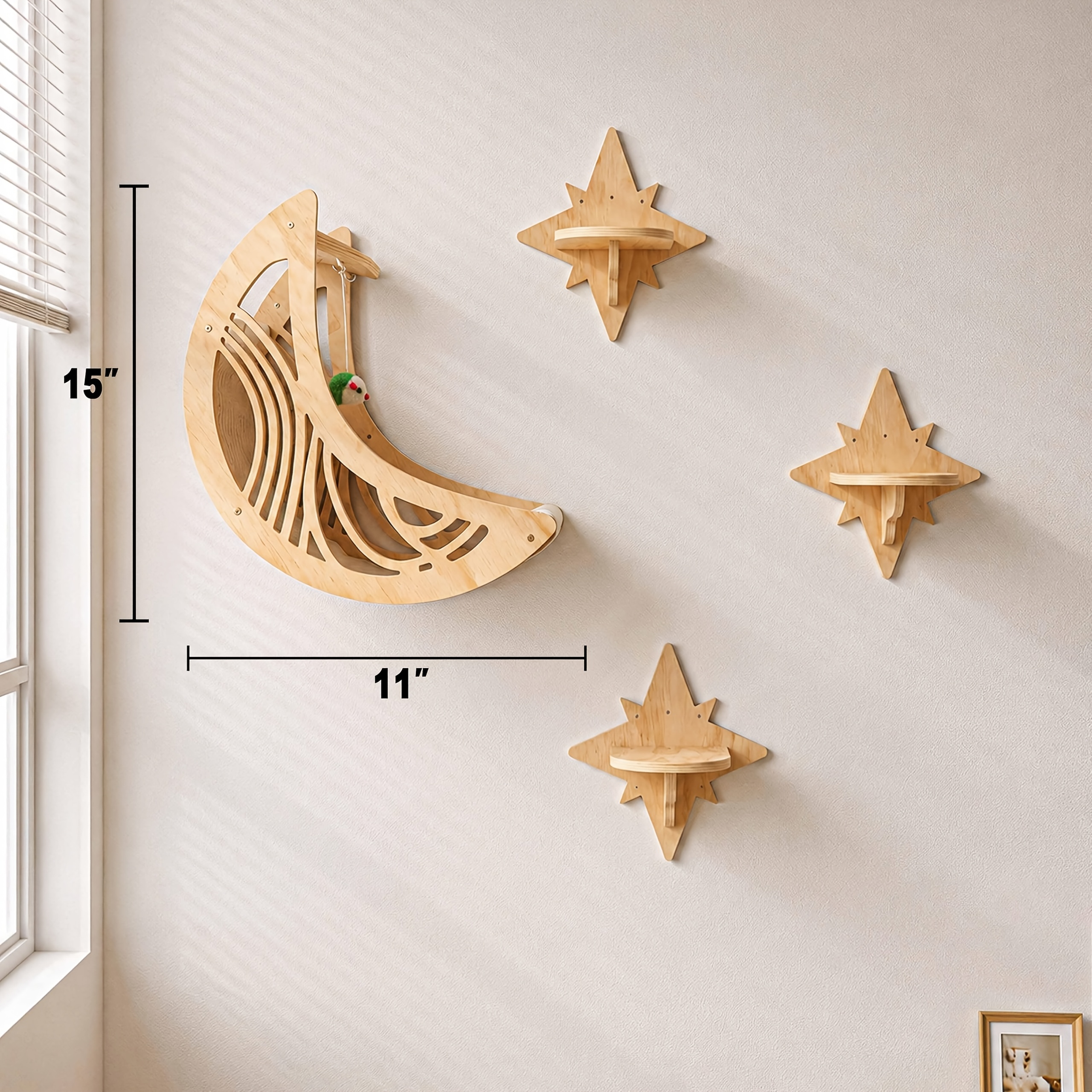 Image of 4pcs Cat Bed Moon And Wall Shelves, Modern Wooden Cat Furniture With Decorative Cutouts, Space- Cat Climbing System And Floating Perch For Indoor Cats