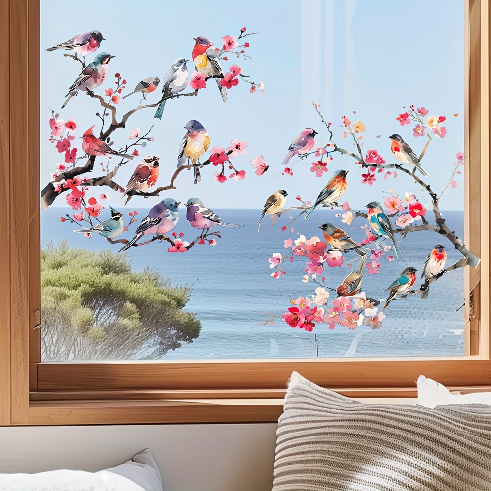 Image of Watercolor Tree Branches With Birds And Flowers - Removable Glass Window Sticker - Home Decoration - 59cm .23inch