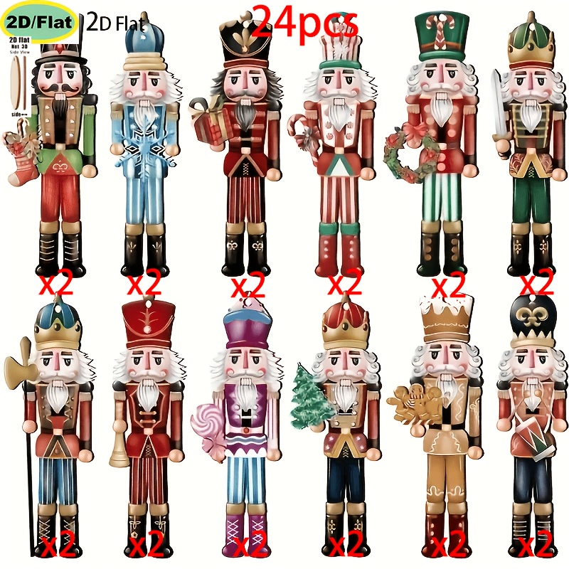 Image of 2d Flat - 24pcs Of 2d Nutcracker Christmas Ornaments, Holiday Gift Box Tags, Room And Windowsill Decoration Items