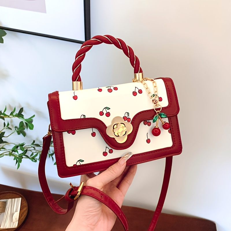 

Stylish Women’s Cherry Print Handbag – Kawaii Crossbody Bag With Golden-tone Hardware, Shopping, Dating, And Use