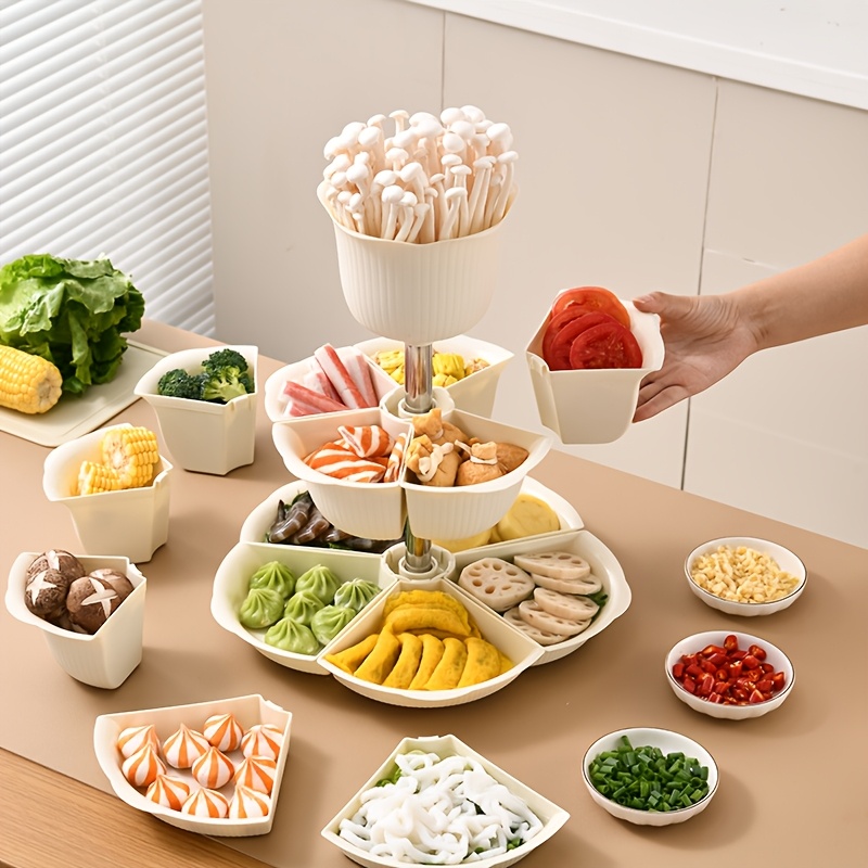 

1pc Multi-tier Rotating Buffet Platter - Creamy White Plastic, Vegetable & Fruit Display With Dried Fruit Storage, Home Entertaining, Rack For Food Buffet, Open Storage Bins For