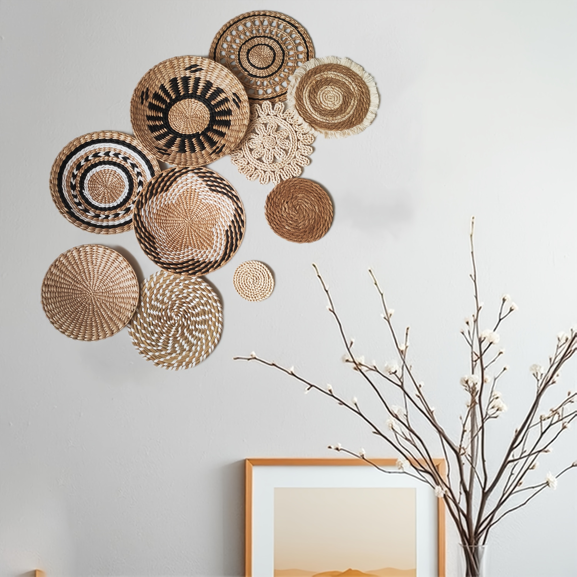 Set van 5 boho zwarte muurmand met franje, natuurlijk muurdecoratie, boho kunst aan de muur, rieten ronde placemats, boho muurdecoratie, raffia muurdecoratie - België