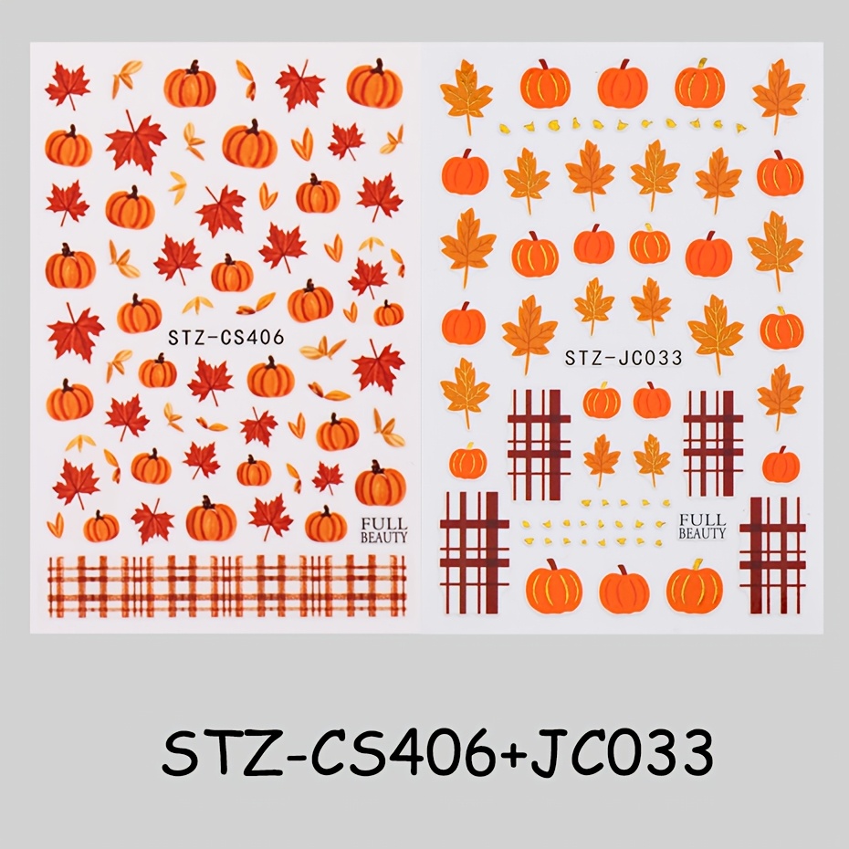 TEMU 2pcs Stickers d'ongles 3D Automne Citrouille Feuilles d'érable Automne Marron à carreaux Feuilles tombantes Auto-ongles Sliders Fournitures de
