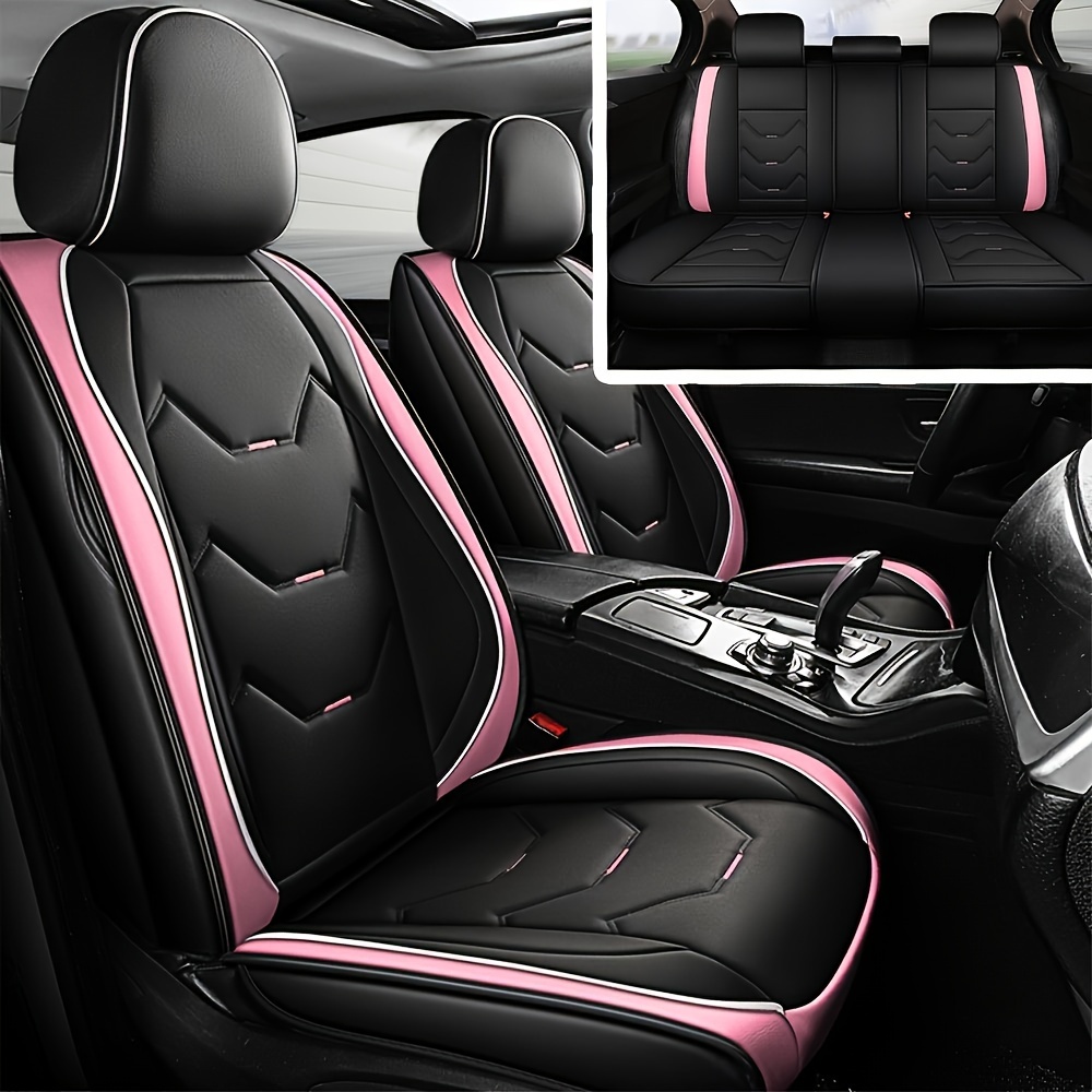 TEMU 5 Seats Faux Leather Car Seat Covers | Universal Full Wrapped Cushion Protector, Waterproof, Black/pink, Faux Leather, Sponge Filler