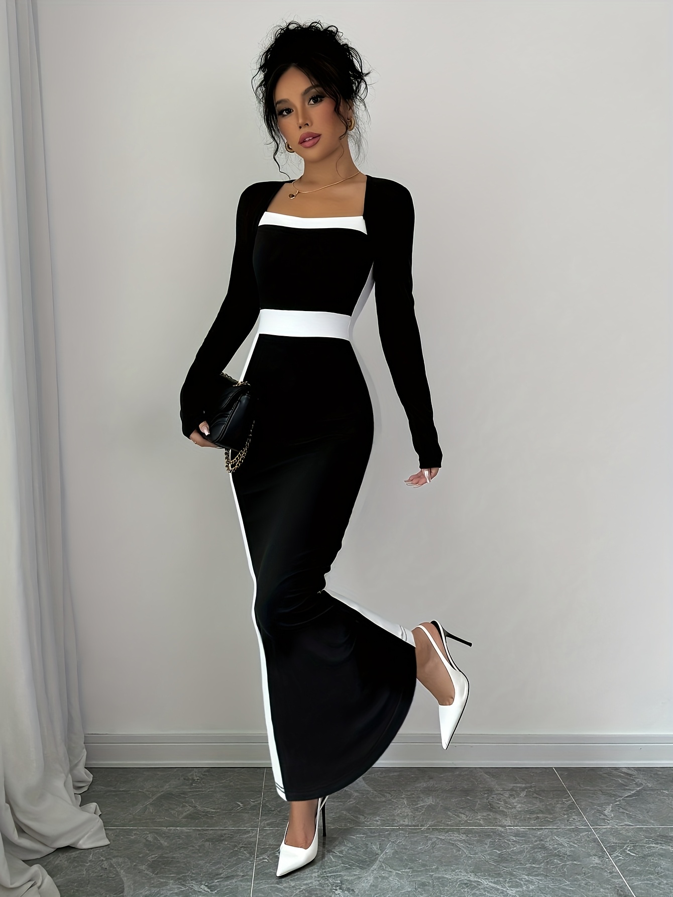 法式方领性感修身长裙，黑色长袖涤纶面料，四季皆宜，是派对、约会及晚宴的理想之选 商品详情 3