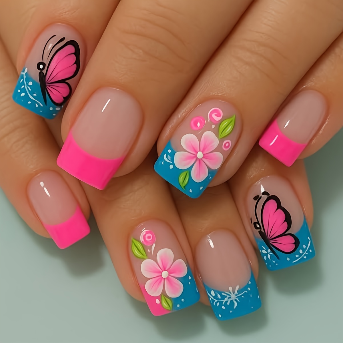 TEMU 24pcs Gradient -on Nails With Black Flowers, Reusable Fake Nails For Toes And Fingers, Easy Application, Durable Salon-quality Nail Extensions For Foot Care & Manicure | Square Style | Stylish