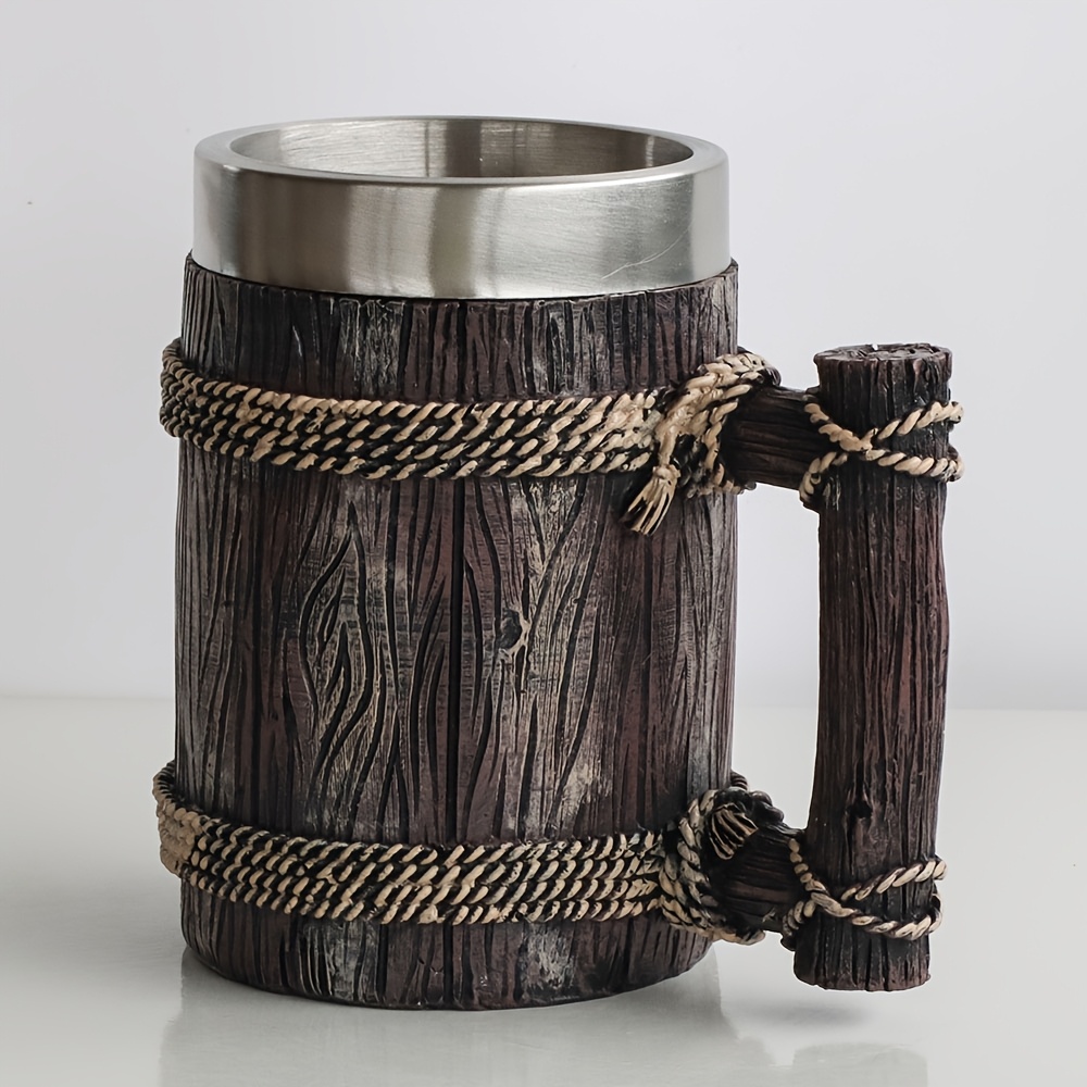 TEMU Vintage Wood Grain Industrial Style Resin Stainless Steel Inner Pot Large Capacity Beer Glass - With Handle Simulation Wood Grain Water Cup,