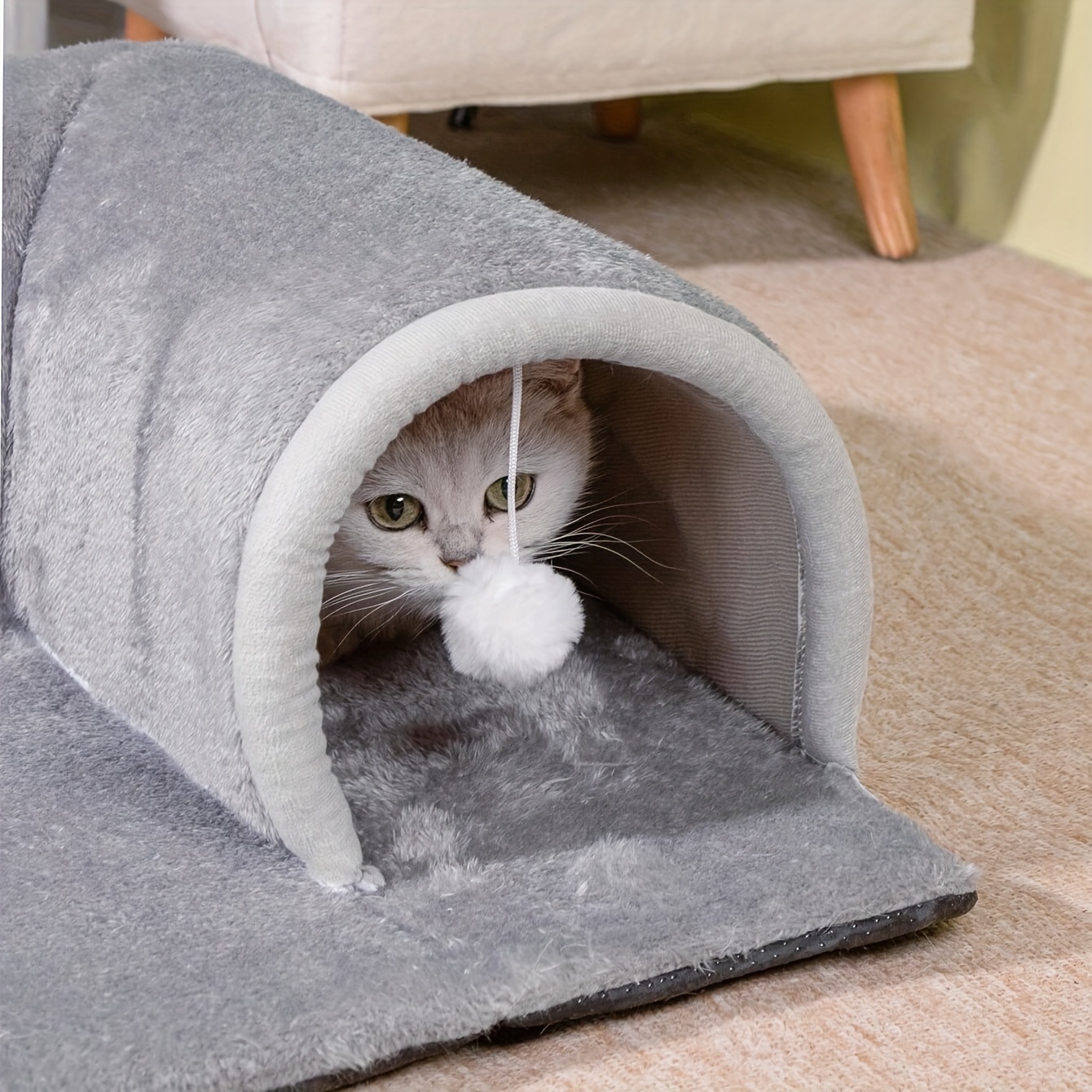 

1pc Multifunctional Thickened Plush Grey Cat Tunnel, Cat Bed, Play Toy For Small To Medium Cats And Dogs, Pet Mat For All Seasons