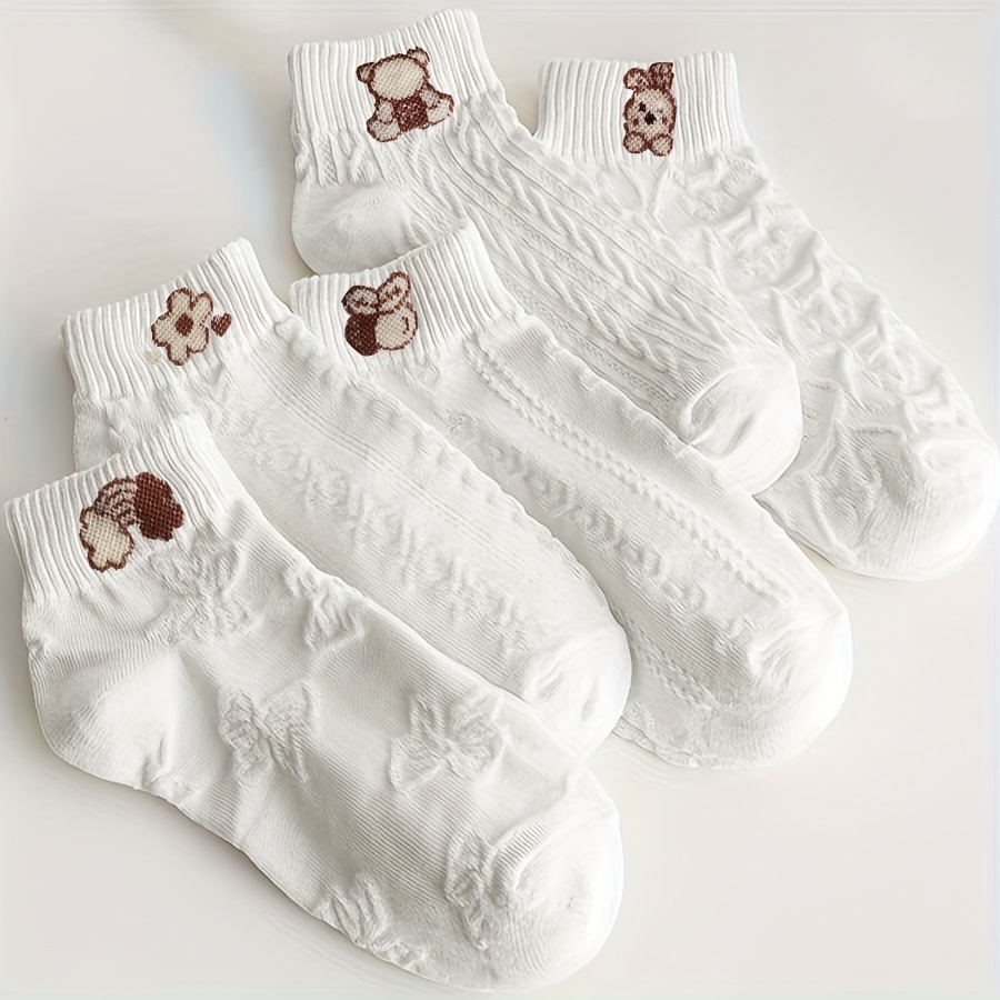 5 Pairs Cartoon Pattern Socks, Cute Japanese Style Short Socks, Women's Stockings & Hosiery
