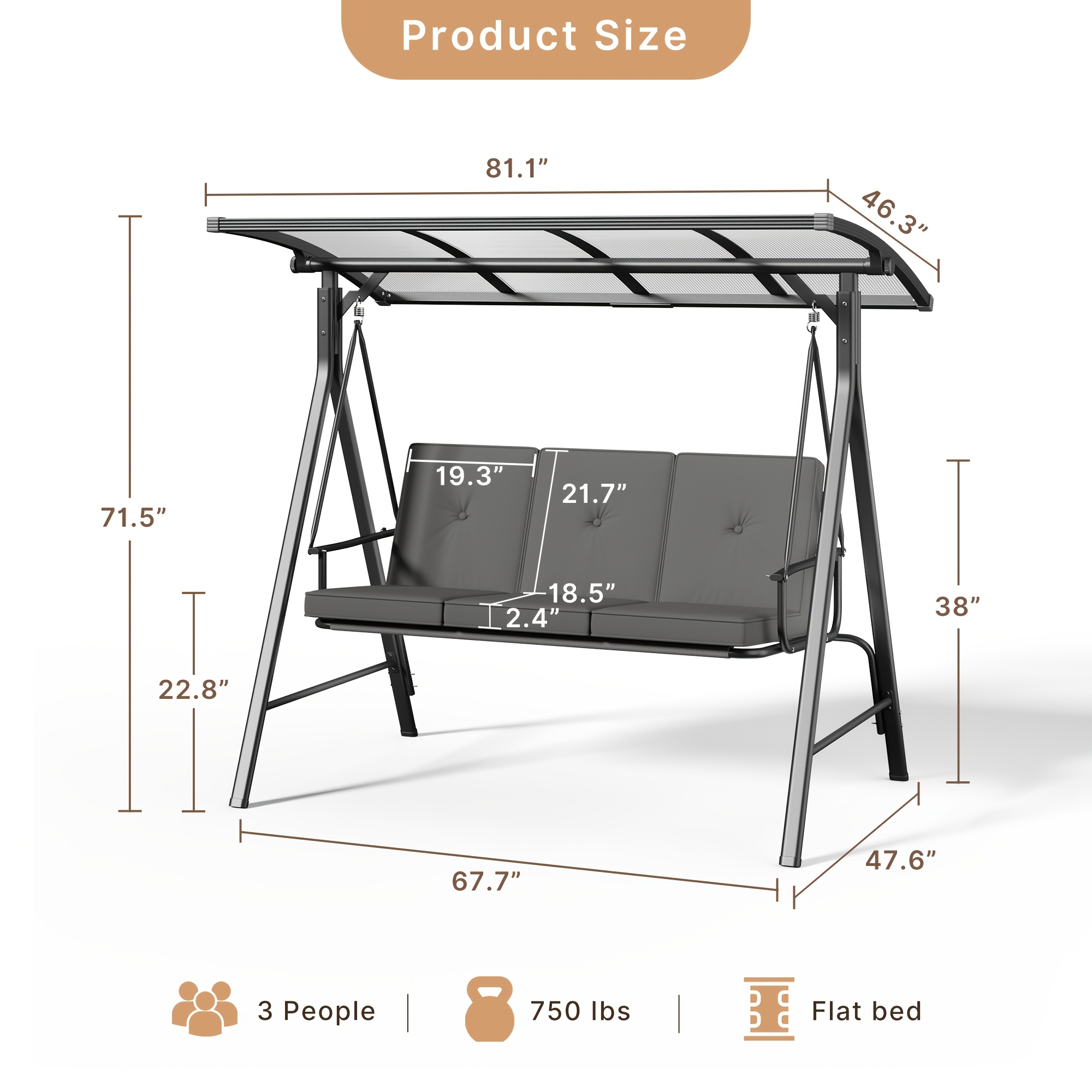 3-Seat Porch Swing Chair with Stand - Convertible to Adult Swing Bed, Adjustable UV-Protected Canopy & Thick Cushion, 750lbs, Flat Bed (Red/Blue/Dark Gray) for Porch, Backyard, Garden & Balcony