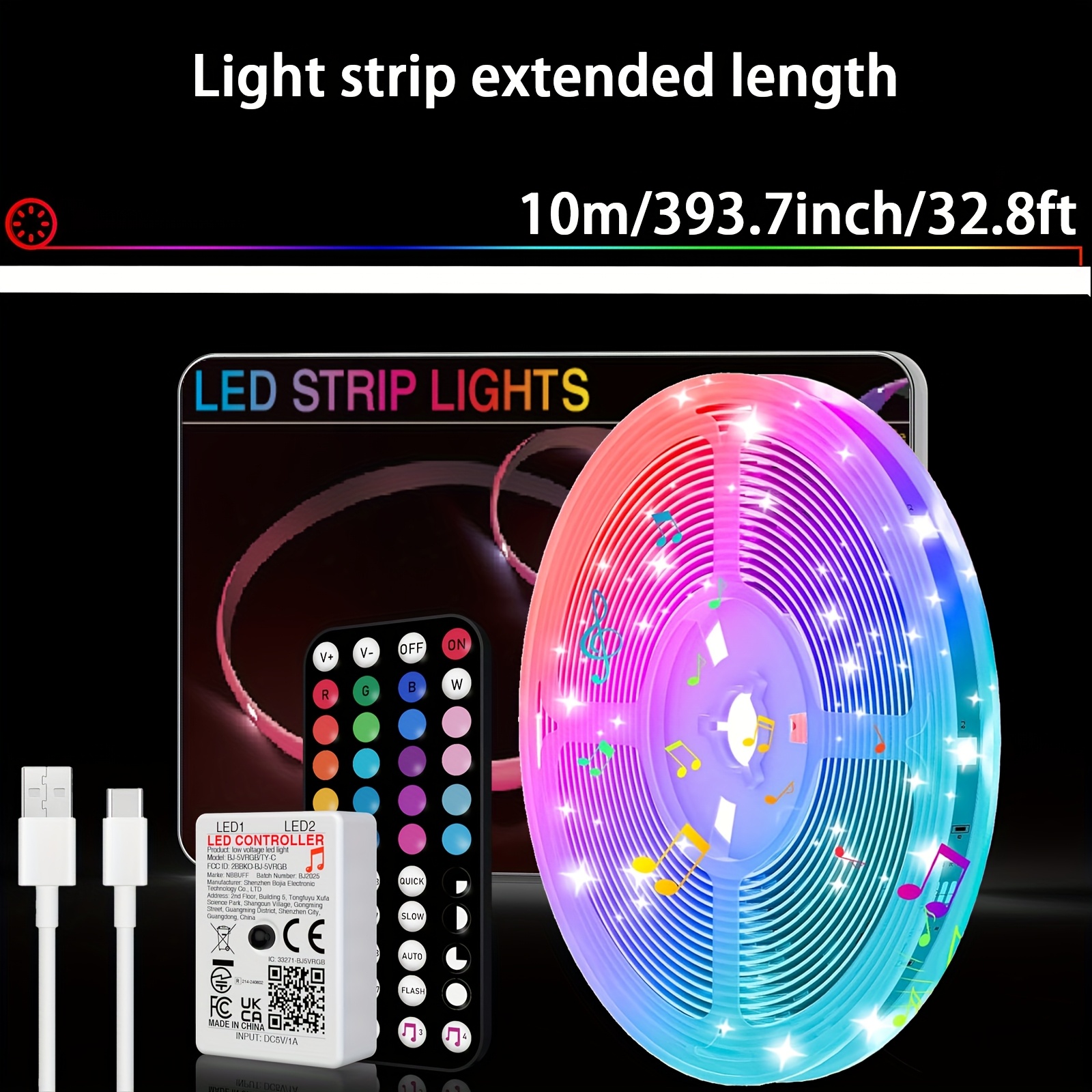 100ft-3.28ft Led Lights, Music Sync Strip Lights With App And 44-key Remote Control, Rgb Color Changing Lights For Bedroom Indoor Decor, E-book Reading Light