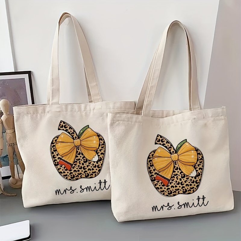 1pc name custom teacher bow pattern tote bag canvas shoulder bag for   commuting reusable shopping   to school teacher appreciation gift details 0