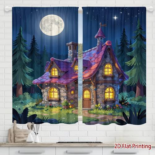 2d plat, product: 2 stuks 2d plat bedrukte maanverlichte nacht bos hut + bedrukte gordijnen, zacht licht, privacybescherming, installatie met roedezak, geschikt voor woonkamer, keuken, slaapkamer, studeerkamer, balkon, hotel, restaurant, appartement, huisdecoratie. gordijnroede niet inbegrepen, 2d