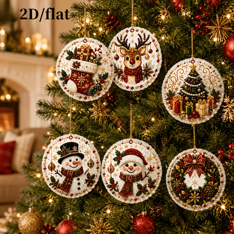 TEMU 6pcs Pearl Diamond Painting Wooden Tag Pendant Set, Christmas Theme 2d Flat High Definition Print, 3.07 Inches Full Kit Hand Drilling Material