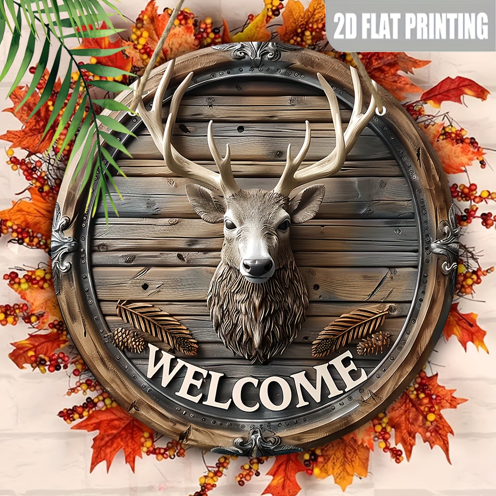 

Rustic Deer Head Welcome Sign - 8"x8" Round Wooden Wall Decor For Home, Garage, Bedroom & Outdoor Spaces