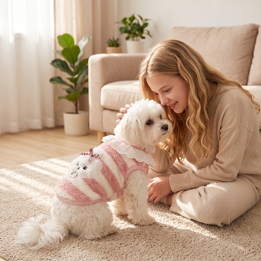 TEMU Thick Striped Soft Plush Dog Vest, Metal D-shaped Traction Ring, Keeping Warm Indoors And Outdoors In Autumn And Winter, Suitable For Small And