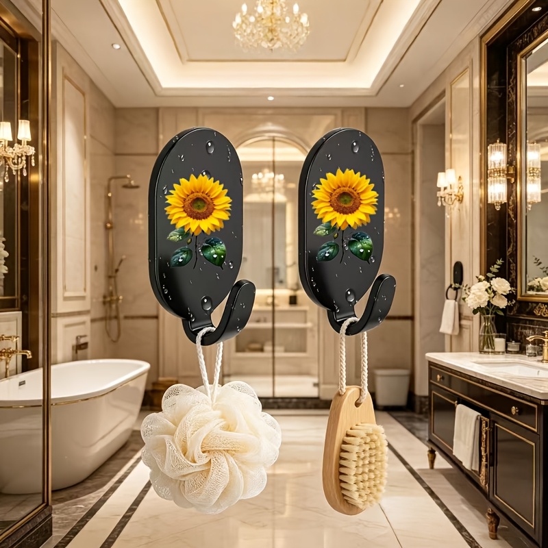 TEMU 2pcs Vibrant Small Sunflower Pattern Traceless Auxiliary Hooks No Drilling Required, Daily Life Items, Kitchenware, Home Storage Auxiliary Hooks