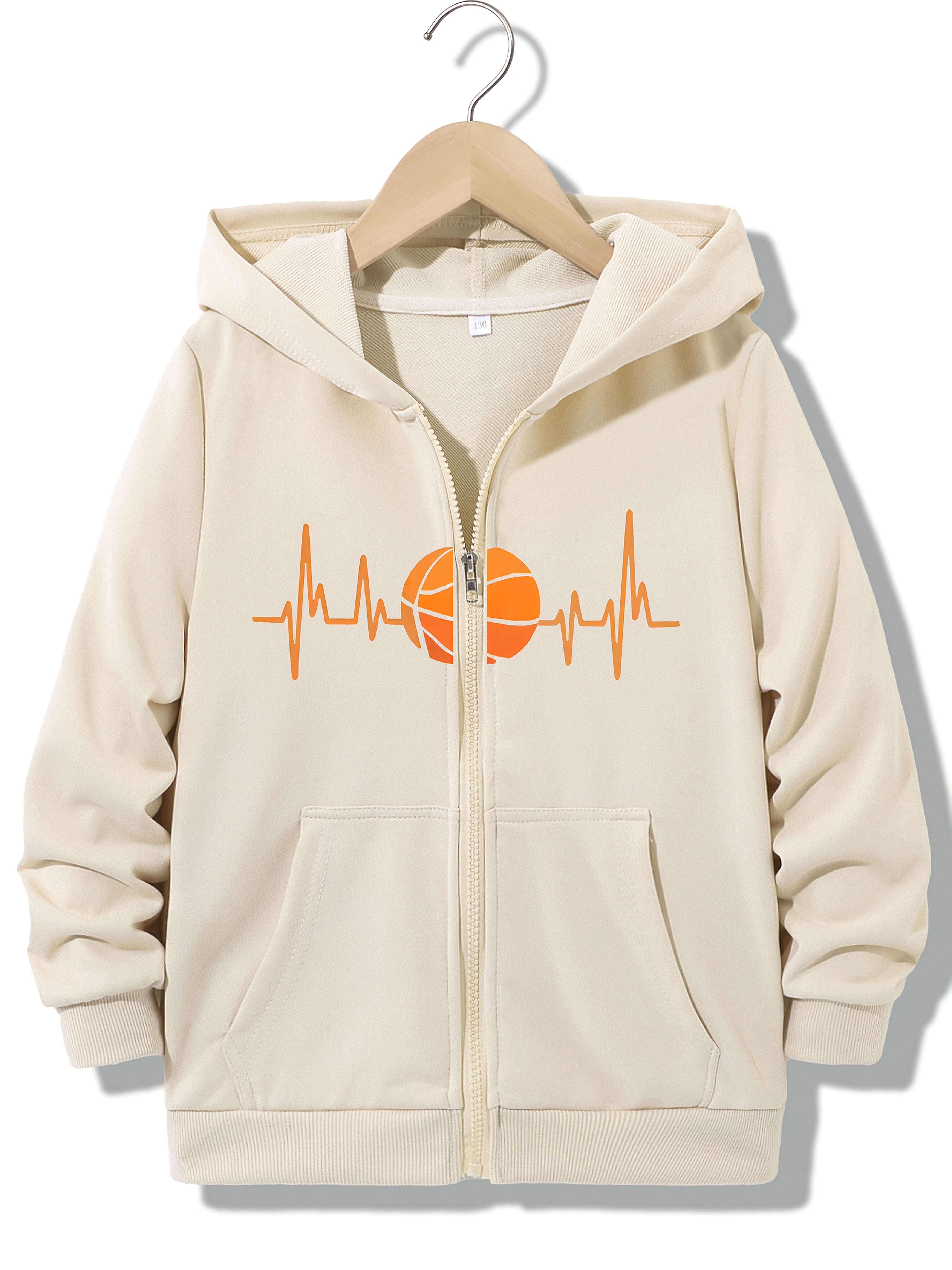 Unisex and Teens Fashion Casual Hoodie Jacket Sweatshirt, Soft Comfortable  Light Beige-Friendly Spring/Autumn Style, Trendy Basketball Pattern Print D