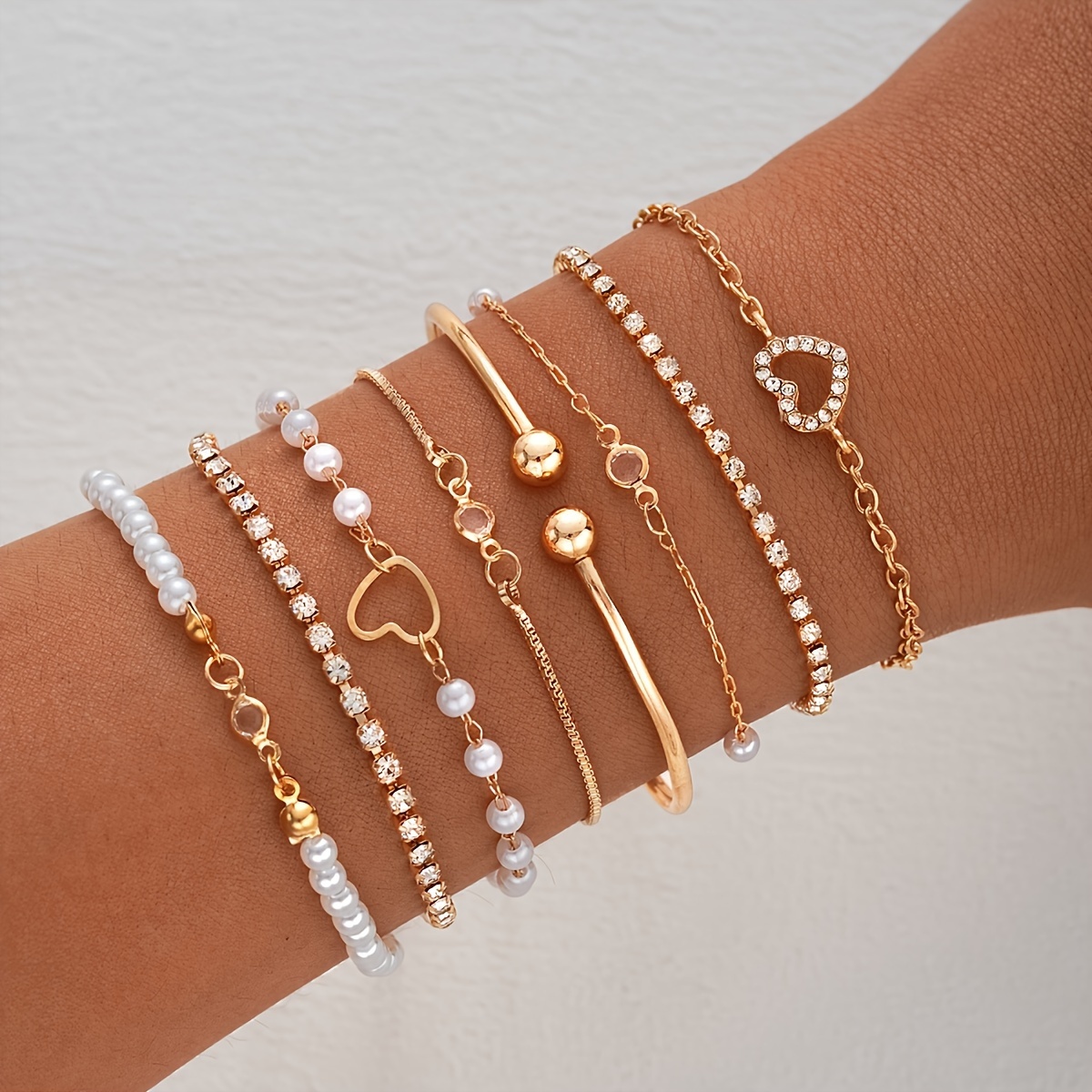 

8pcs Elegant Fashion Bracelet Set, Heart Charm Open Cuff Bangle, & Pearl Accents, Alloy Jewelry For Women, Layering For Daily & Party Wear