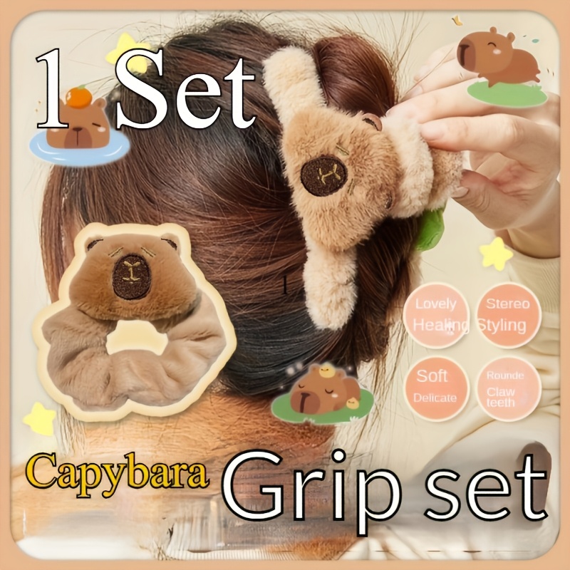 Image of Cute Capybara Plush Hair Claw Clips Set - Large, Cartoon-inspired, Mixed Colors - Perfect Christmas Gift For Women